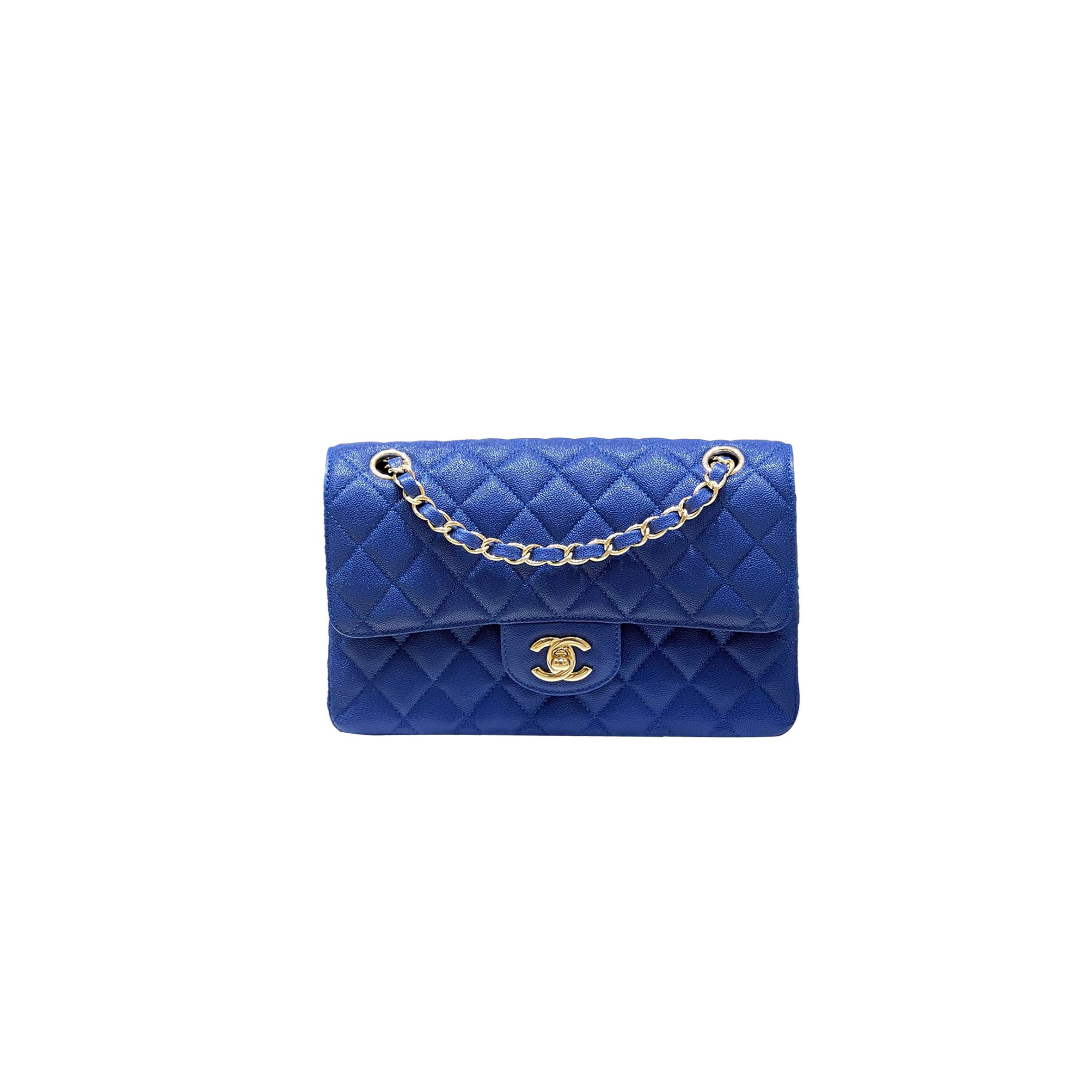 CHANEL CLASSIC FLAP LEATHER LIGHT GOLD ELECTRIC BLUE A1112 (25*15*6cm)